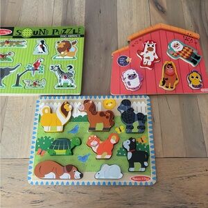 Melissa & Doug Wooden Farm & Zoo Animal Puzzle Set - Green, Red, Yellow, Blue